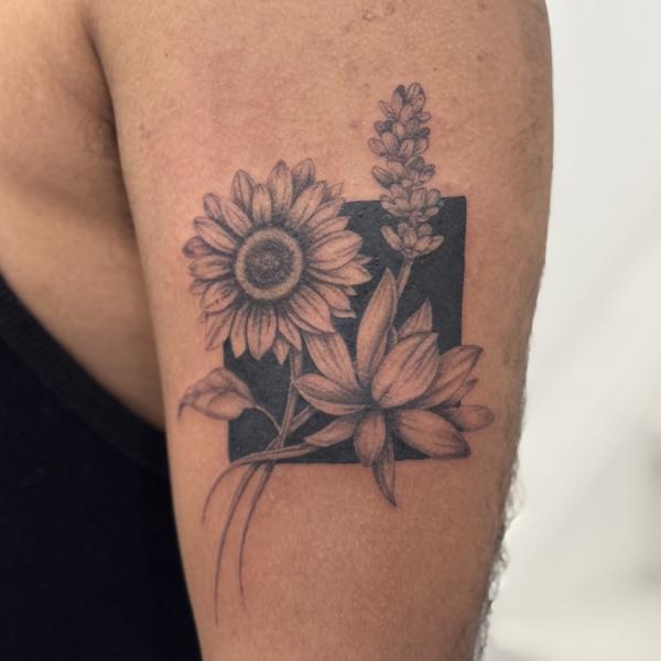 Blackwork Sunflower and Lotus Tattoo