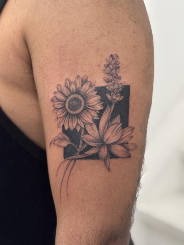 Blackwork Sunflower and Lotus Tattoo