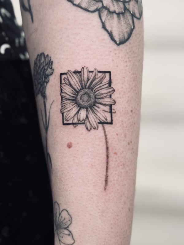 Fineline Daisy Tattoo With Abstract Square