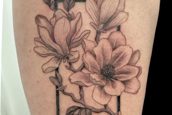 Fineline Magnolia Tattoo With Abstract Shape