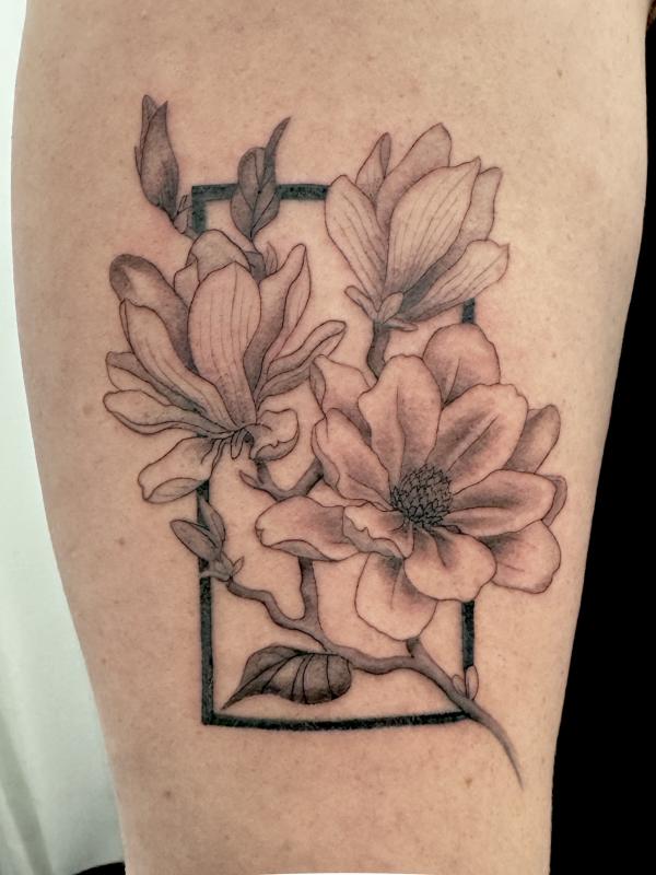 Fineline Magnolia Tattoo With Abstract Shape