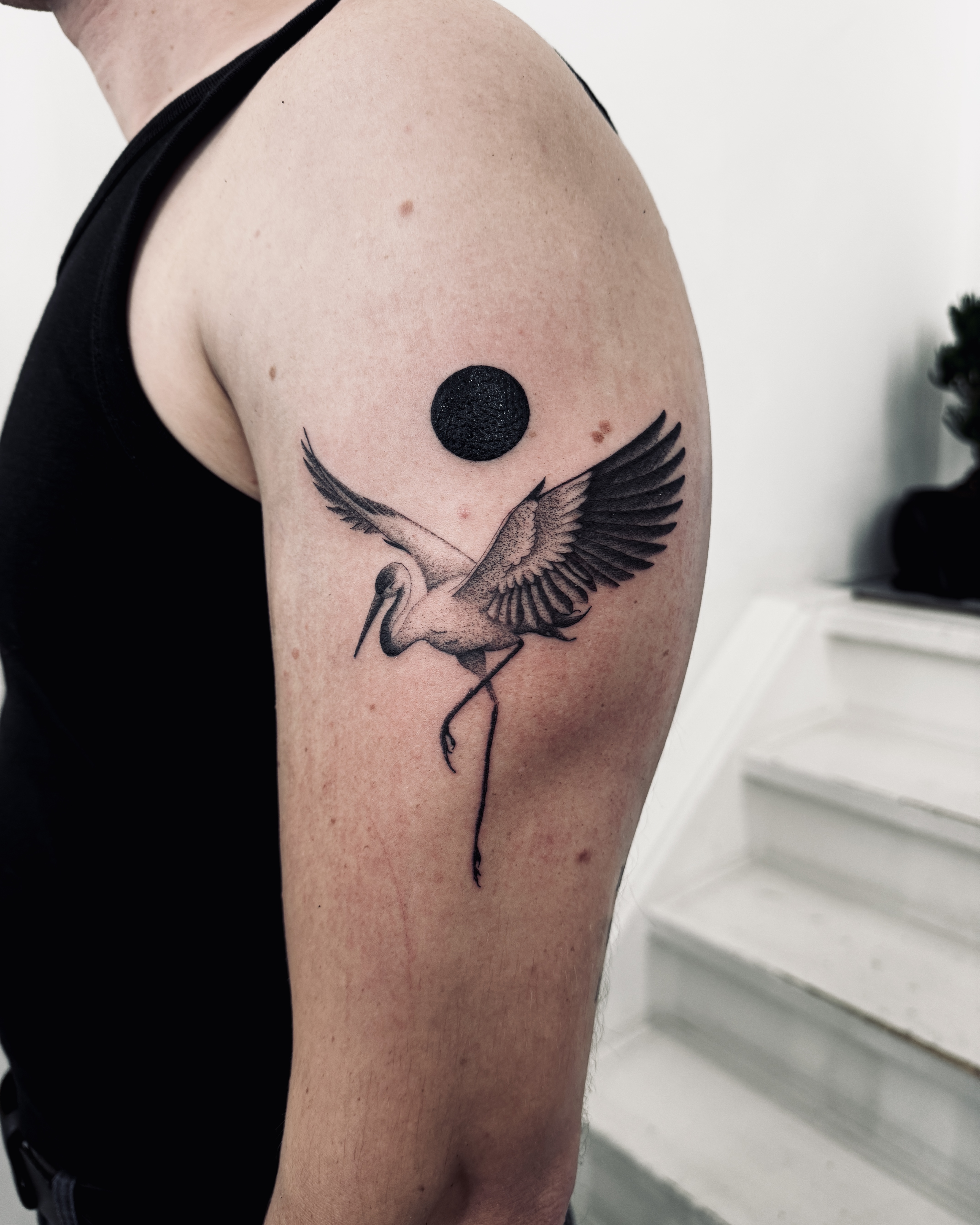 Blackwork Crane Tattoo
