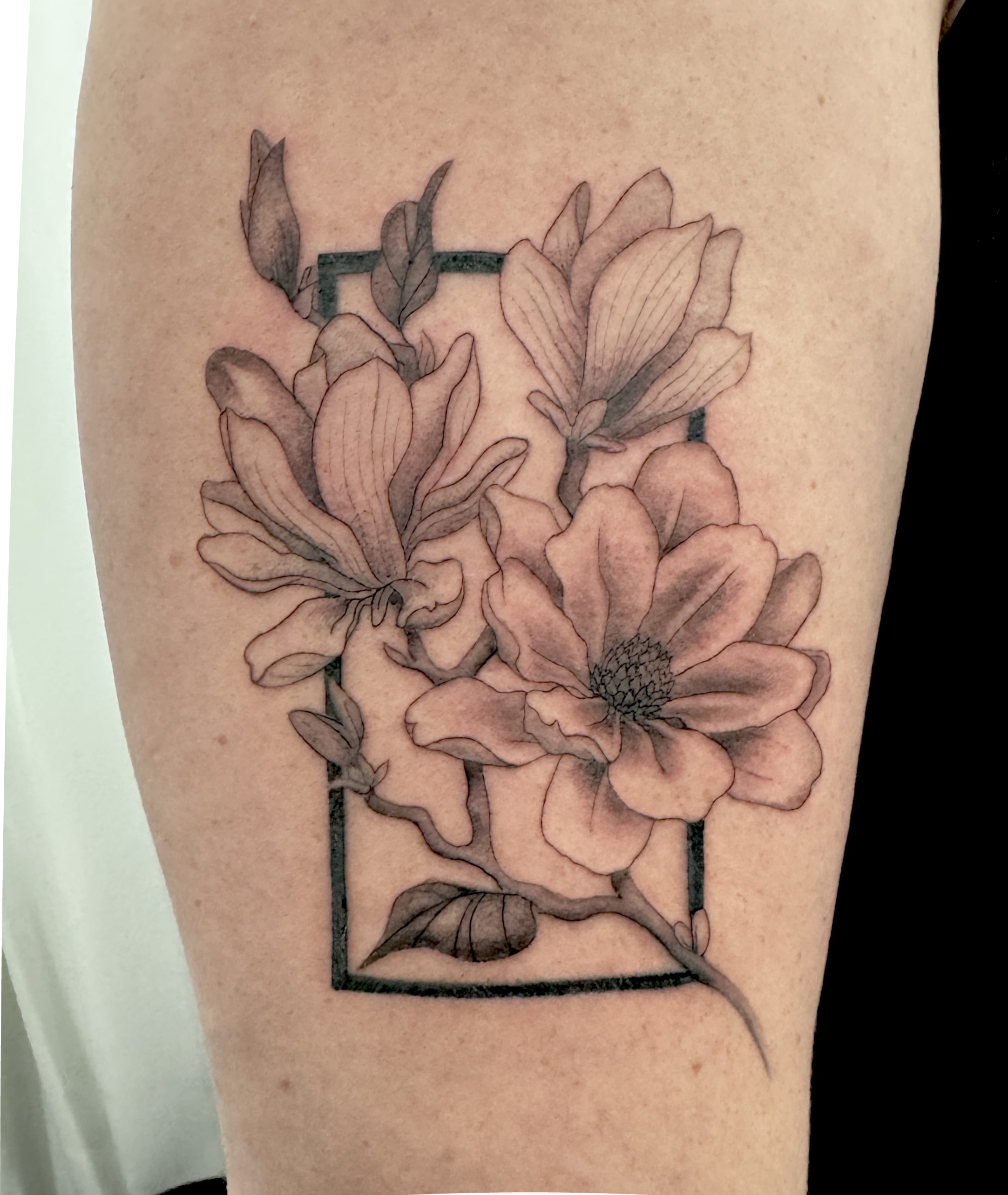 Fineline Magnolia Tattoo With Abstract Shape